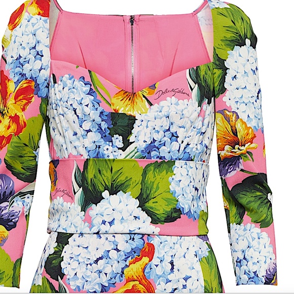 Hydrangea Print Long Sleeve Cady Midi Dress DOLCE&GABBANA - Picture 4 of 15
